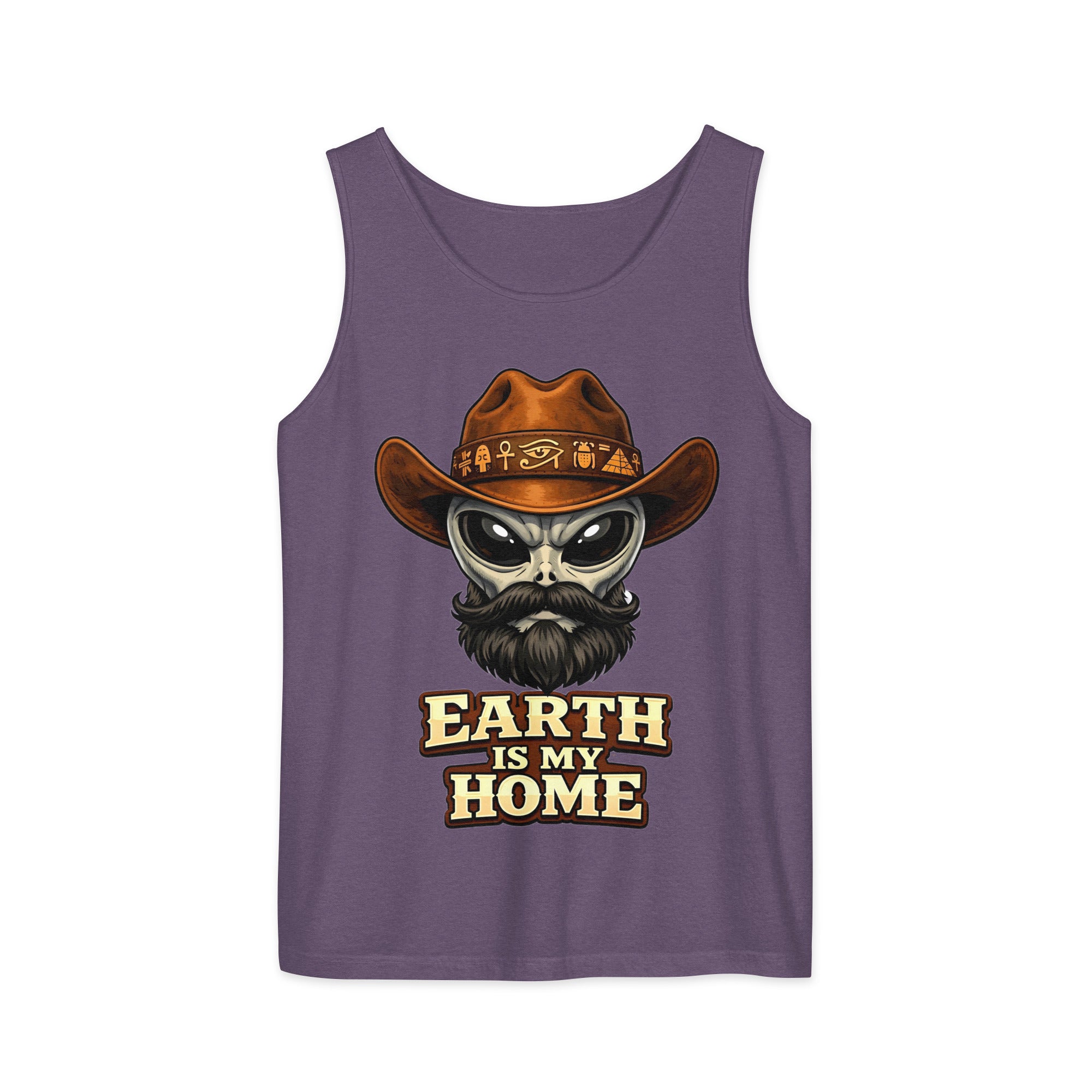 Unisex garment-dyed tank top - Earth Is My Home. Alien Cowboy - Premium Graphic Unisex Garment-Dyed Tank Top by printfluence.net