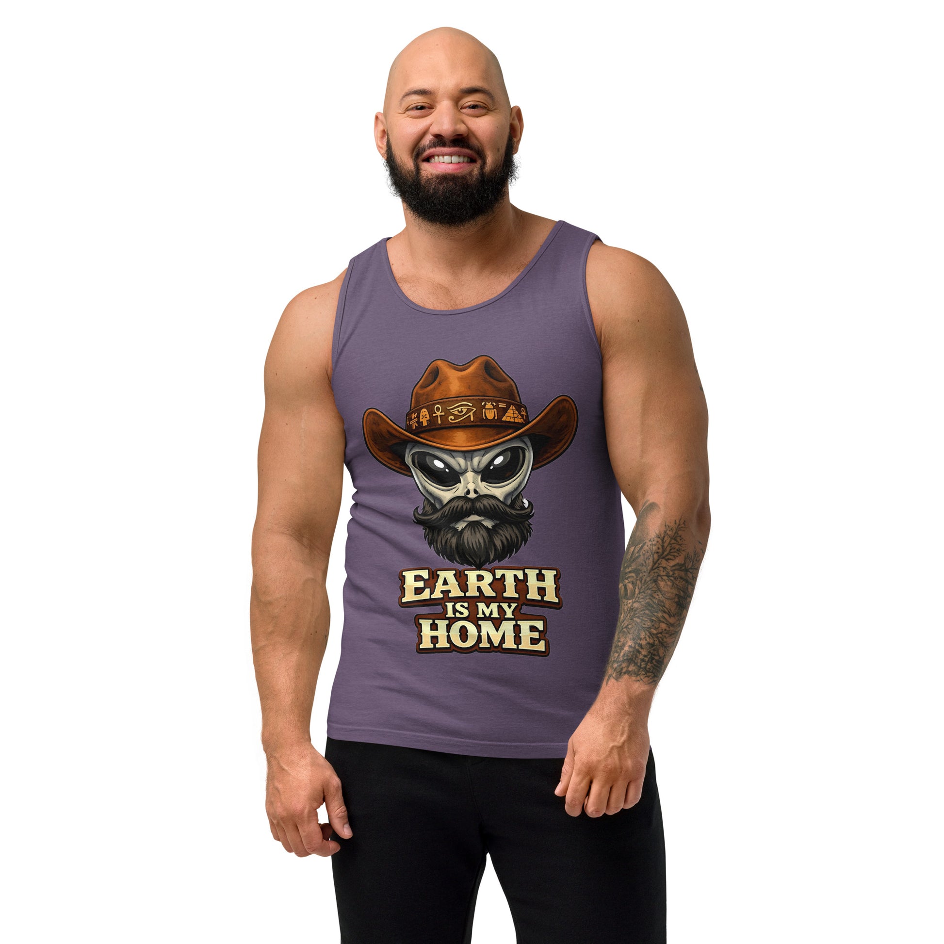 Unisex garment-dyed tank top - Earth Is My Home. Alien Cowboy - Premium Graphic Unisex Garment-Dyed Tank Top by printfluence.net