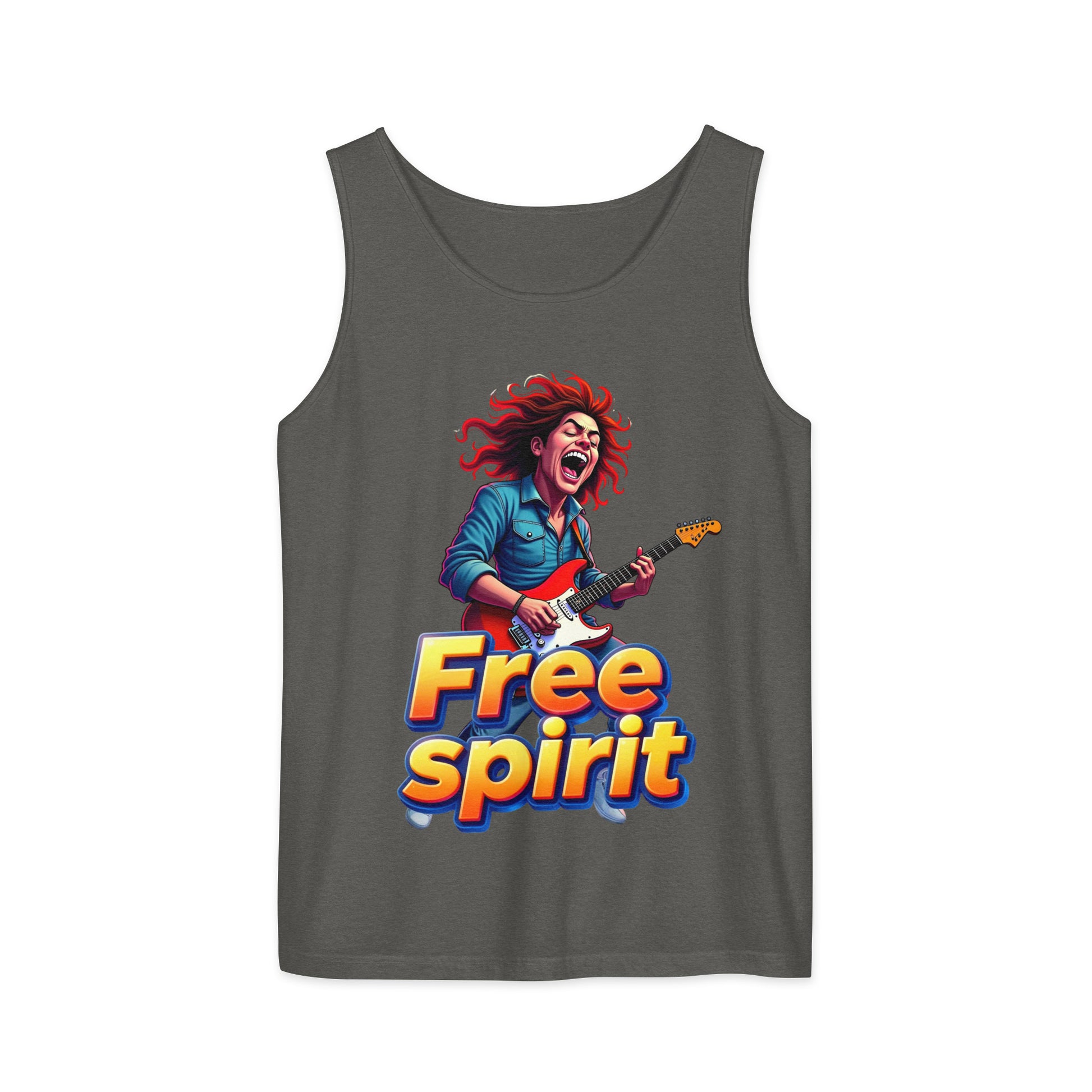 Unisex garment-dyed tank top - Free Spirit Guitarist Unisex Garment-Dyed Tank Top – Luxury Rock Vibes for Unique Souls by printfluence.net