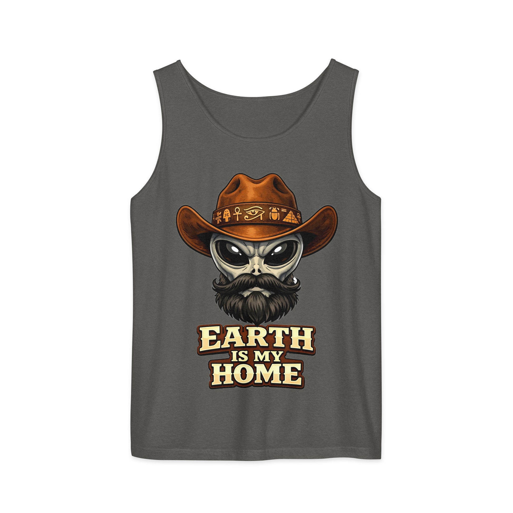 Unisex garment-dyed tank top - Earth Is My Home. Alien Cowboy - Premium Graphic Unisex Garment-Dyed Tank Top by printfluence.net