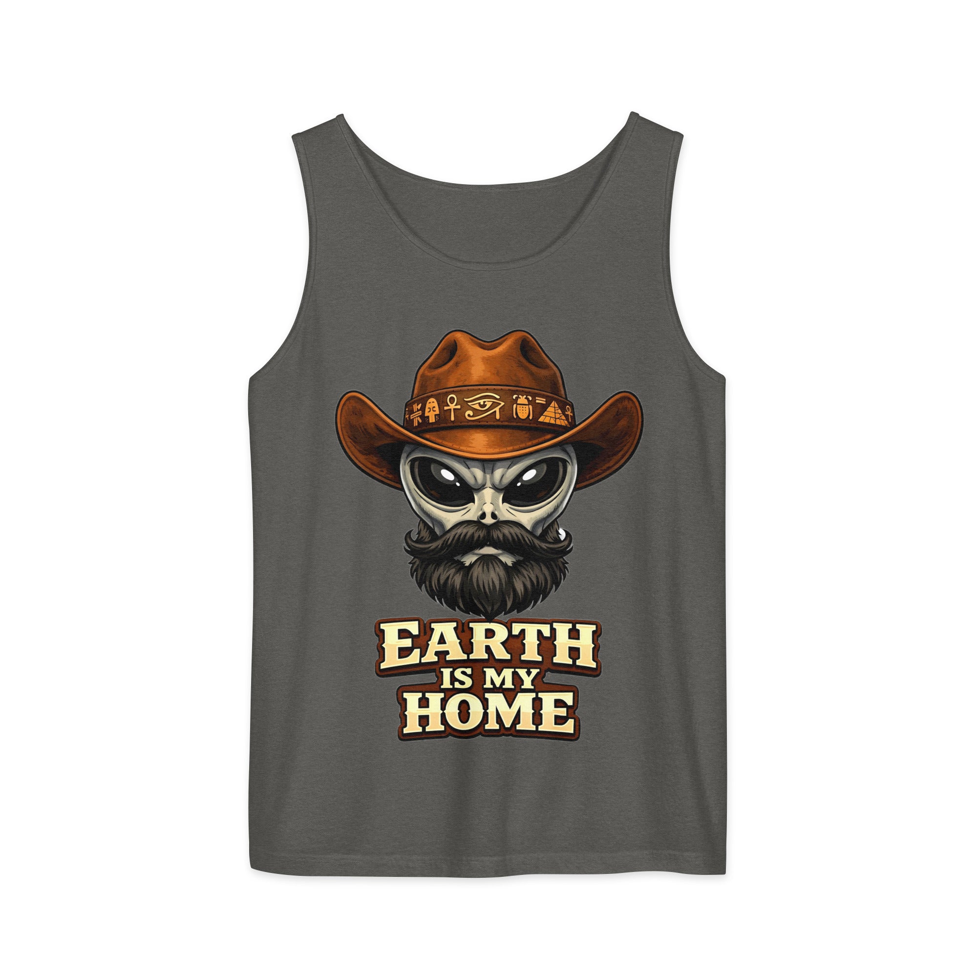 Unisex garment-dyed tank top - Earth Is My Home. Alien Cowboy - Premium Graphic Unisex Garment-Dyed Tank Top by printfluence.net