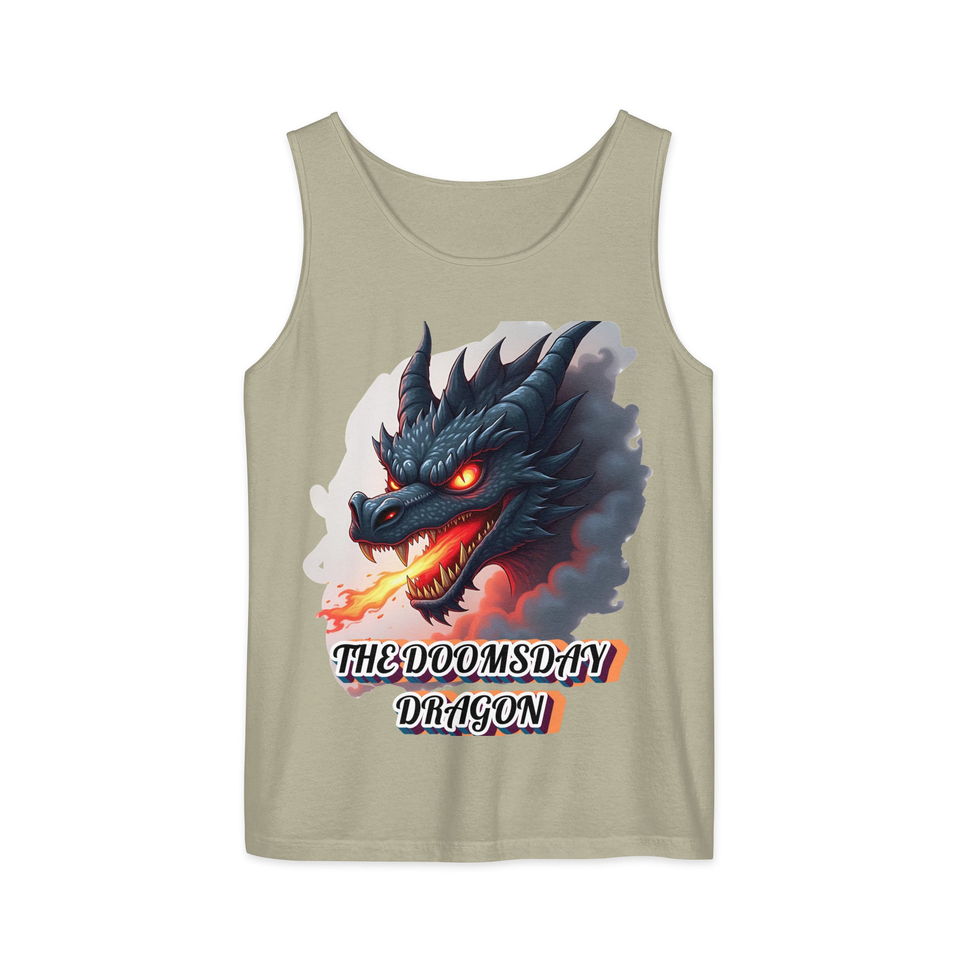 Unisex garment-dyed tank top -The Doomsday Dragon Unisex Garment-Dyed Tank Top – Mysterious Dark Fire Streetwear for Fearless Souls by printfluence.net