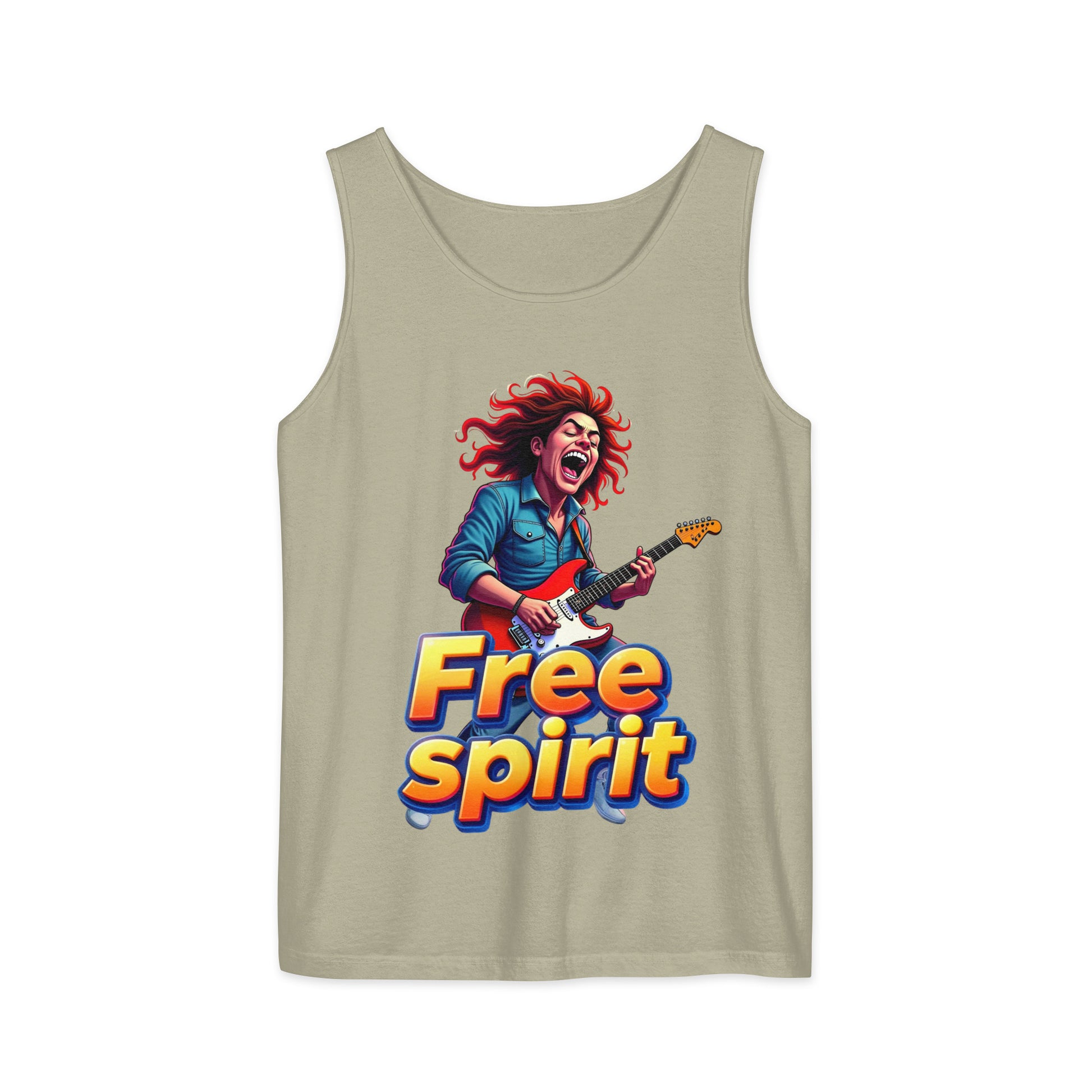 Unisex garment-dyed tank top - Free Spirit Guitarist Unisex Garment-Dyed Tank Top – Luxury Rock Vibes for Unique Souls by printfluence.net