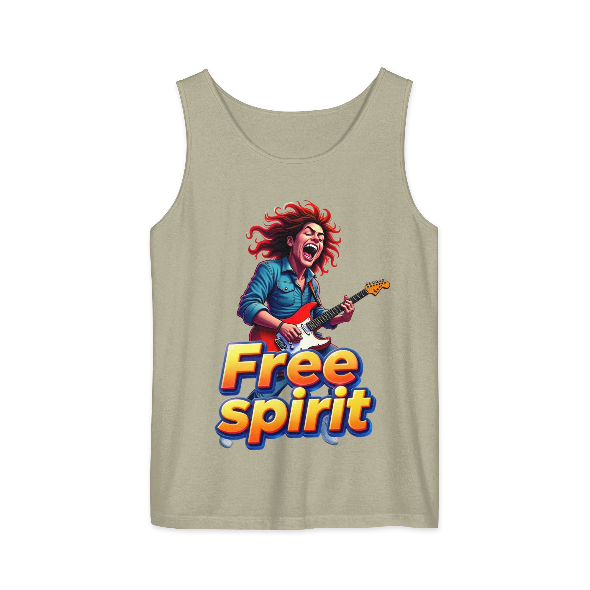 Unisex garment-dyed tank top - Free Spirit Guitarist Unisex Garment-Dyed Tank Top – Luxury Rock Vibes for Unique Souls by printfluence.net