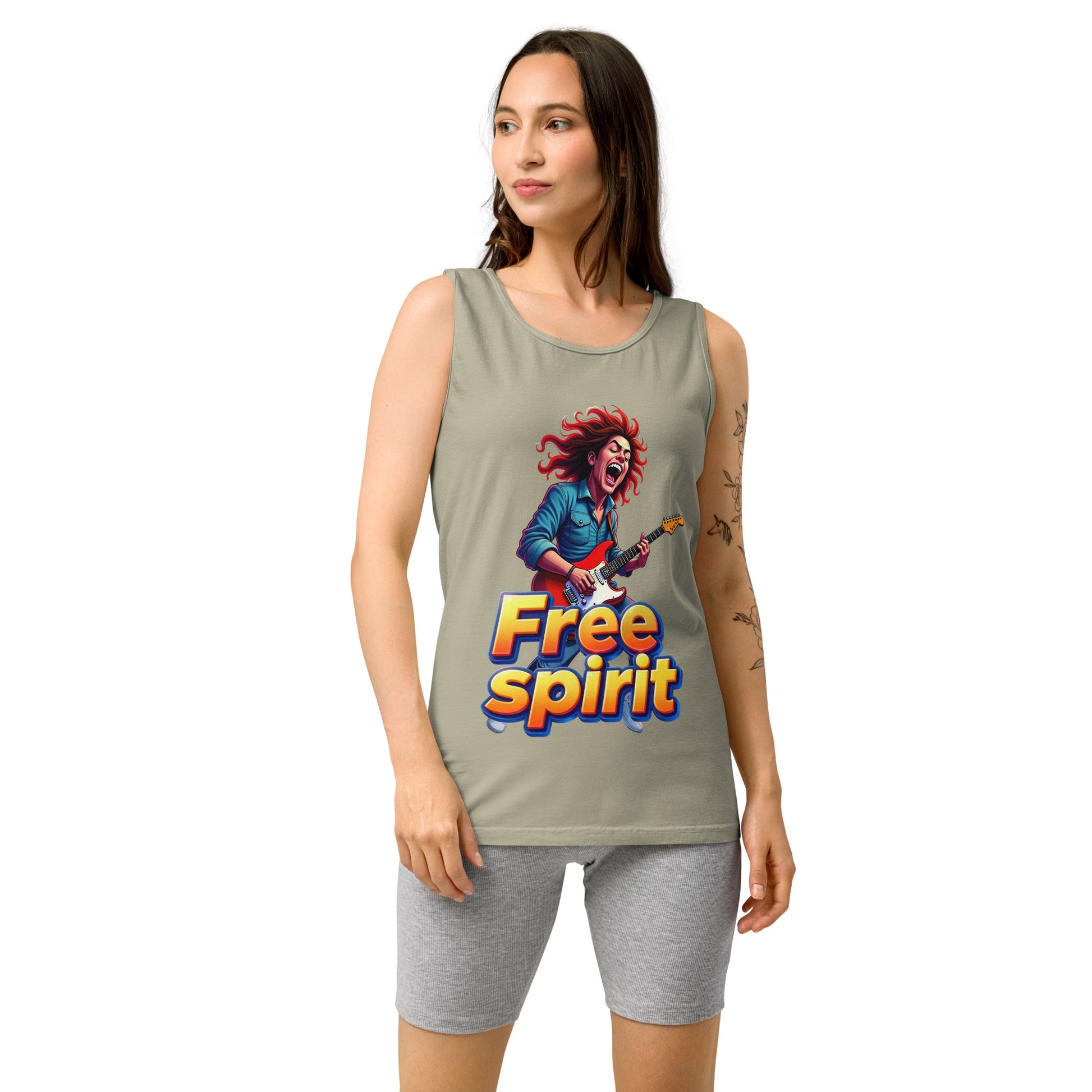 Unisex garment-dyed tank top - Free Spirit Guitarist Unisex Garment-Dyed Tank Top – Luxury Rock Vibes for Unique Souls by printfluence.net