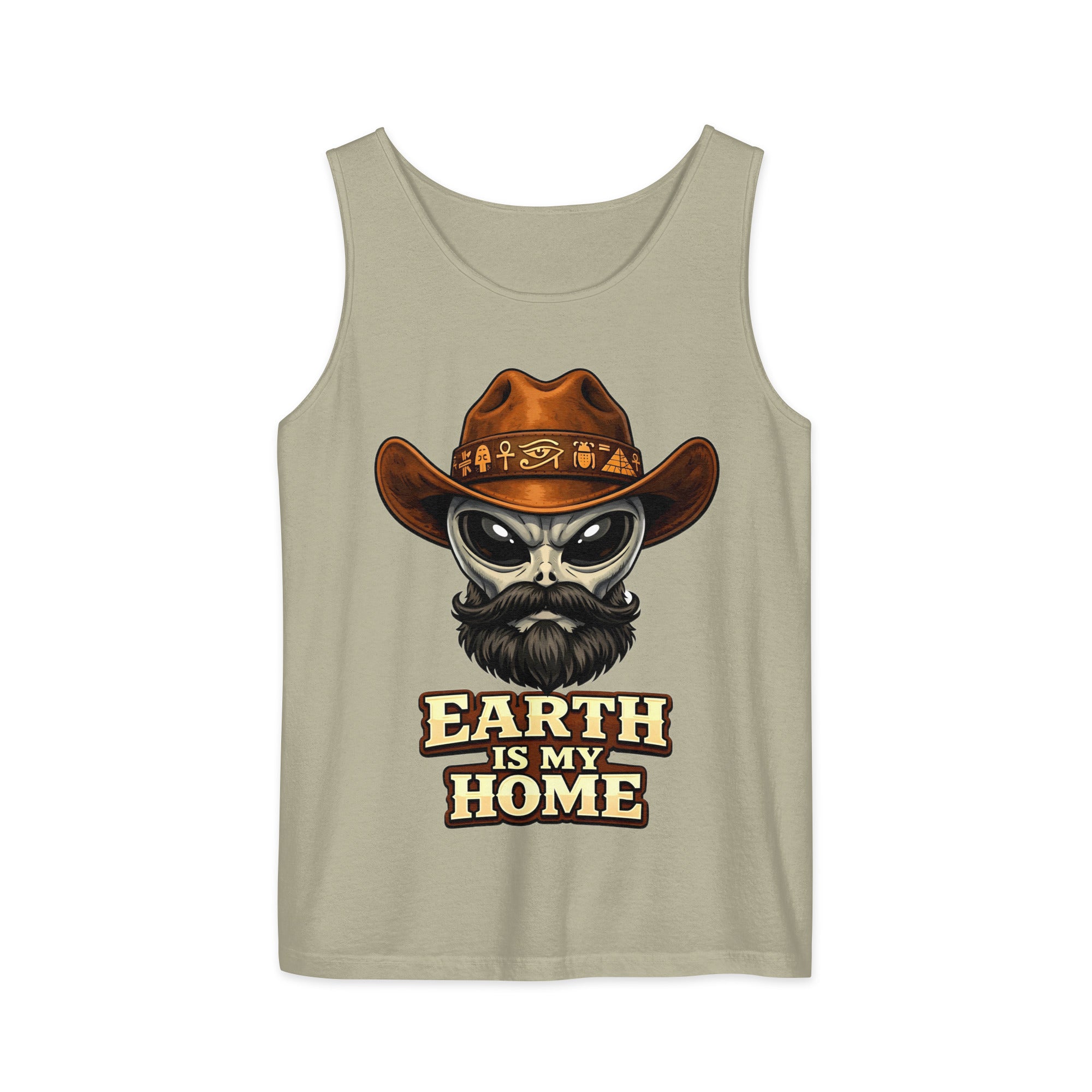Unisex garment-dyed tank top - Earth Is My Home. Alien Cowboy - Premium Graphic Unisex Garment-Dyed Tank Top by printfluence.net