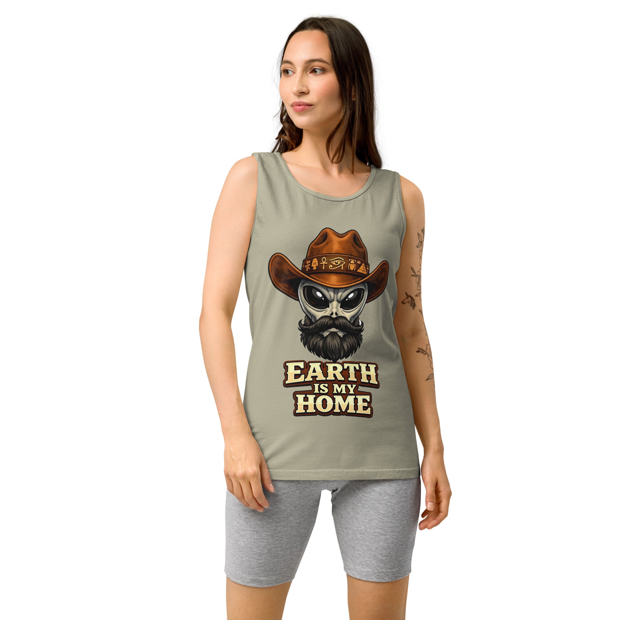 Unisex garment-dyed tank top - Earth Is My Home. Alien Cowboy - Premium Graphic Unisex Garment-Dyed Tank Top by printfluence.net