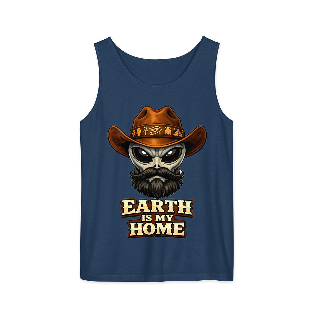 Unisex garment-dyed tank top - Earth Is My Home. Alien Cowboy - Premium Graphic Unisex Garment-Dyed Tank Top by printfluence.net