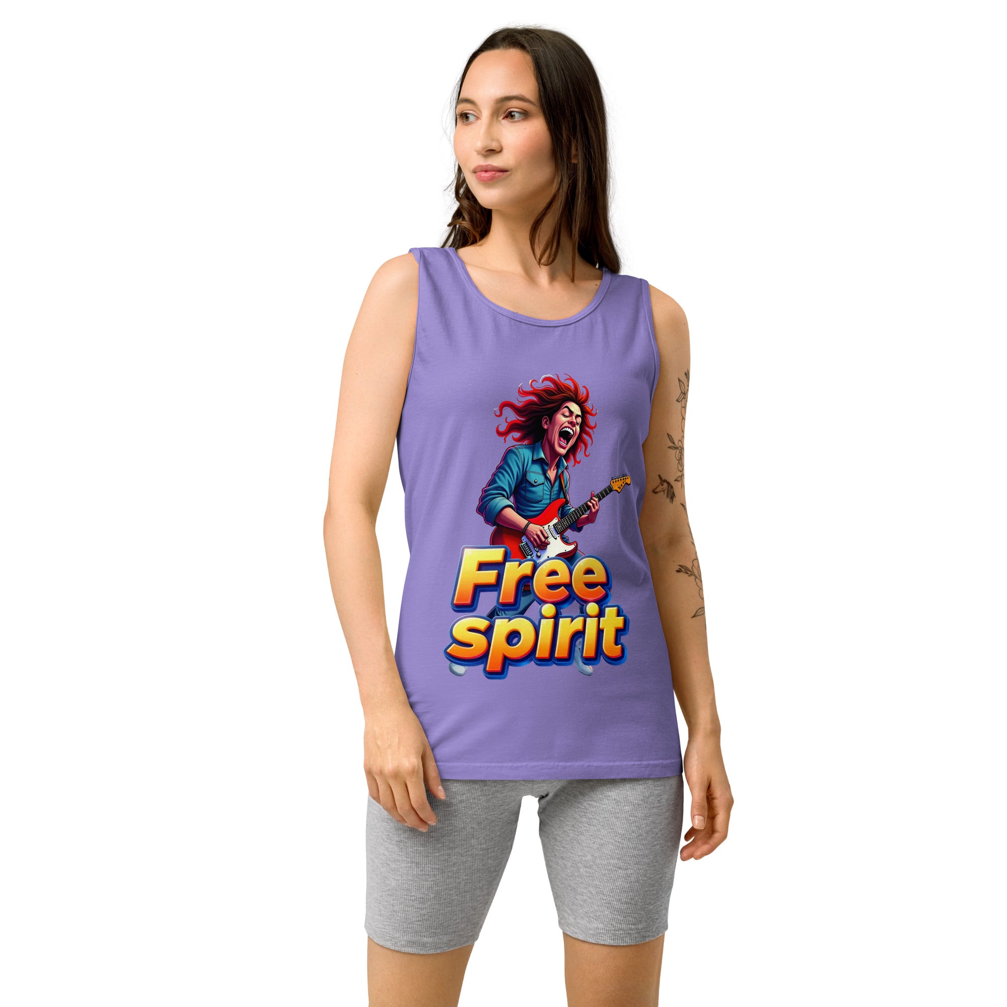 Unisex garment-dyed tank top - Free Spirit Guitarist Unisex Garment-Dyed Tank Top – Luxury Rock Vibes for Unique Souls by printfluence.net