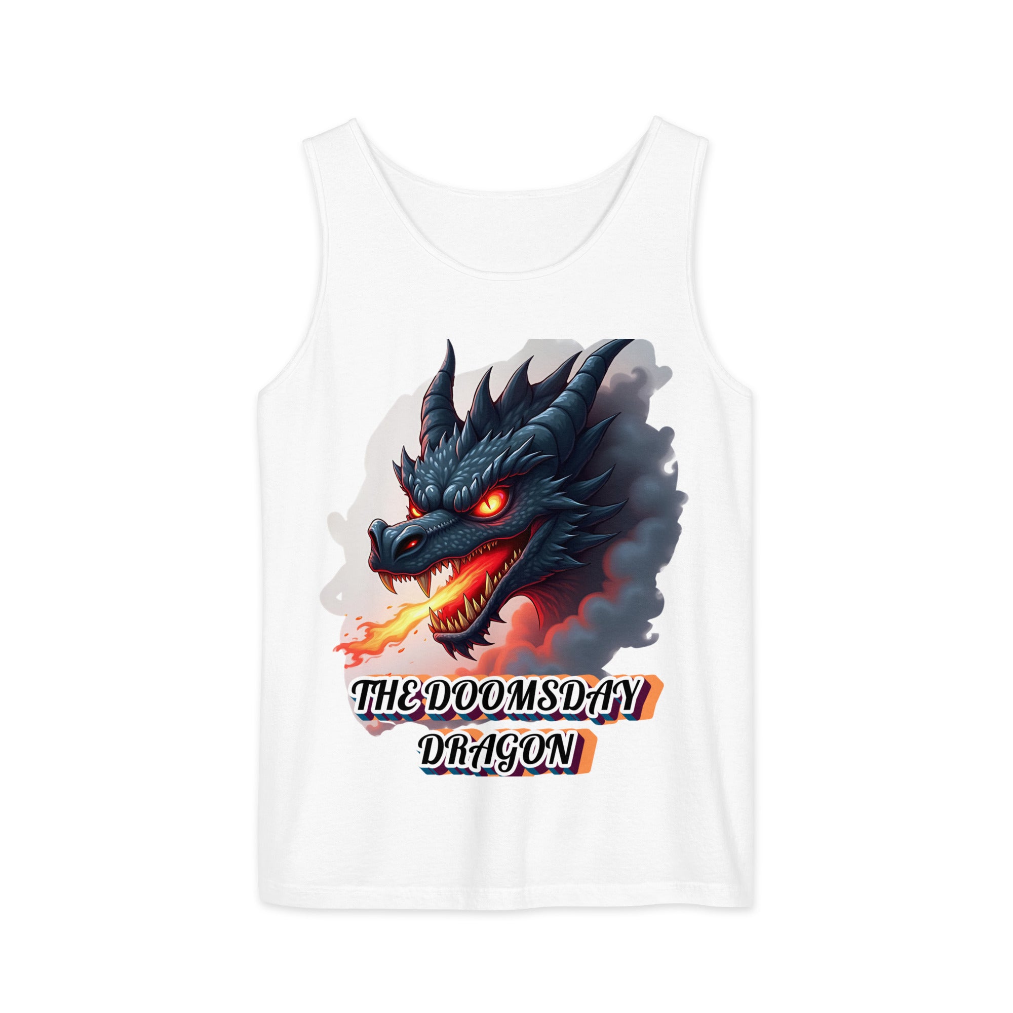 Unisex garment-dyed tank top -The Doomsday Dragon Unisex Garment-Dyed Tank Top – Mysterious Dark Fire Streetwear for Fearless Souls by printfluence.net