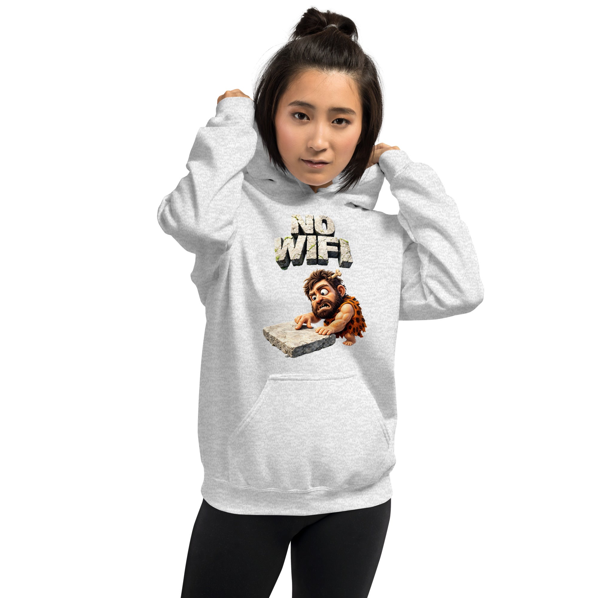 Unisex Hoodie - Prehistoric Struggle: "NO WIFI" Funny Caveman Unisex Hoodie 🦴📴 by printfluence.net