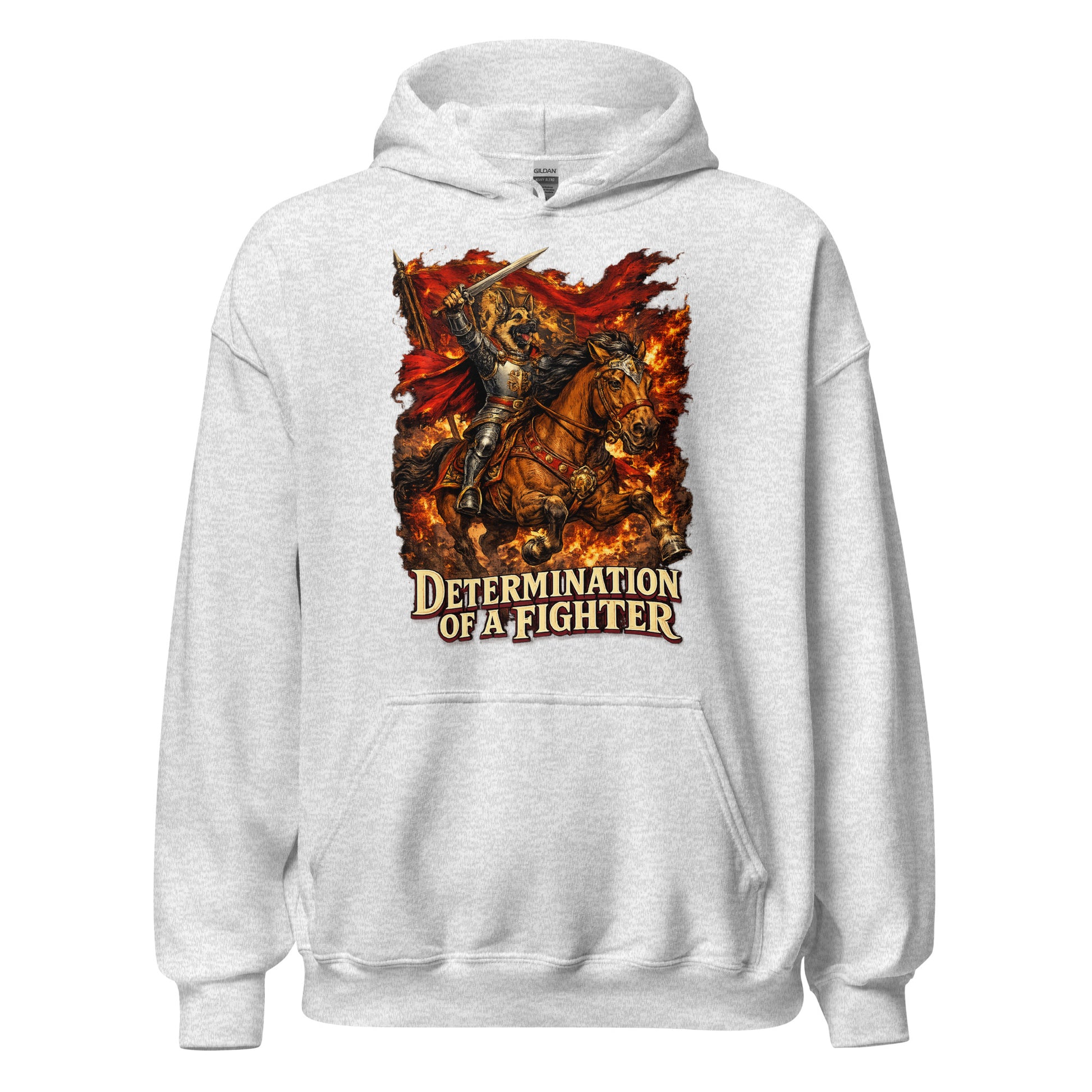 German Shepherd Lovers Unisex Hoodie | "Determination of a Fighter" Medieval Knight Graphic Sweatshirt by printfluence.net