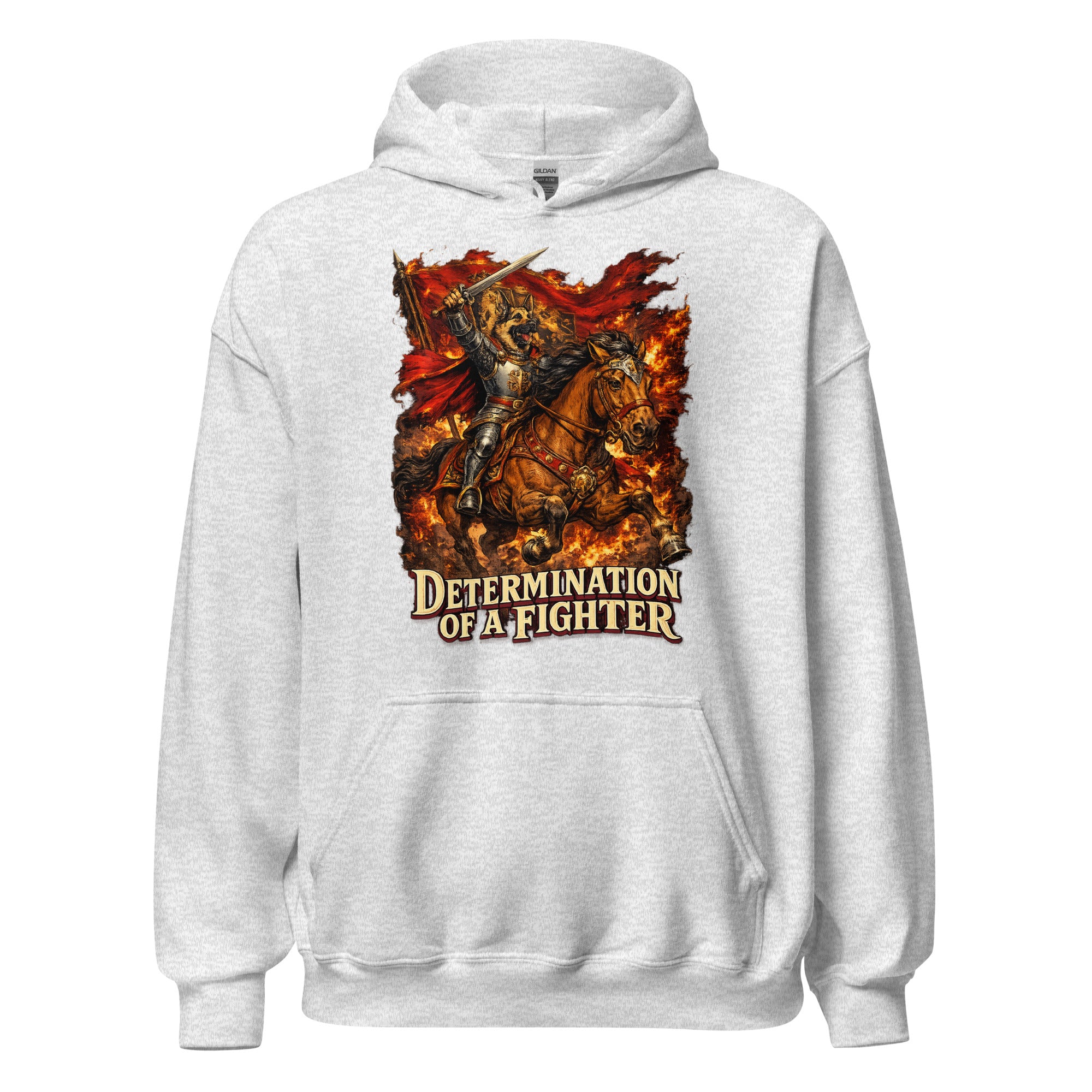 German Shepherd Lovers Unisex Hoodie | "Determination of a Fighter" Medieval Knight Graphic Sweatshirt by printfluence.net