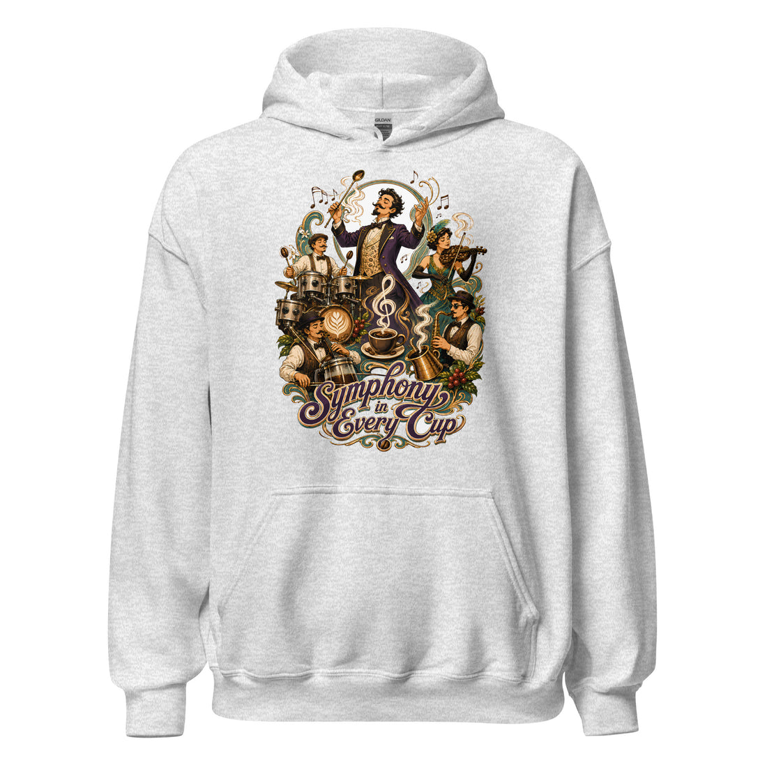 Coffee Lovers Unisex Hoodie Symphony in Every Cup – Musical & Orchestral Coffee Graphic Pullover by printfluence.net