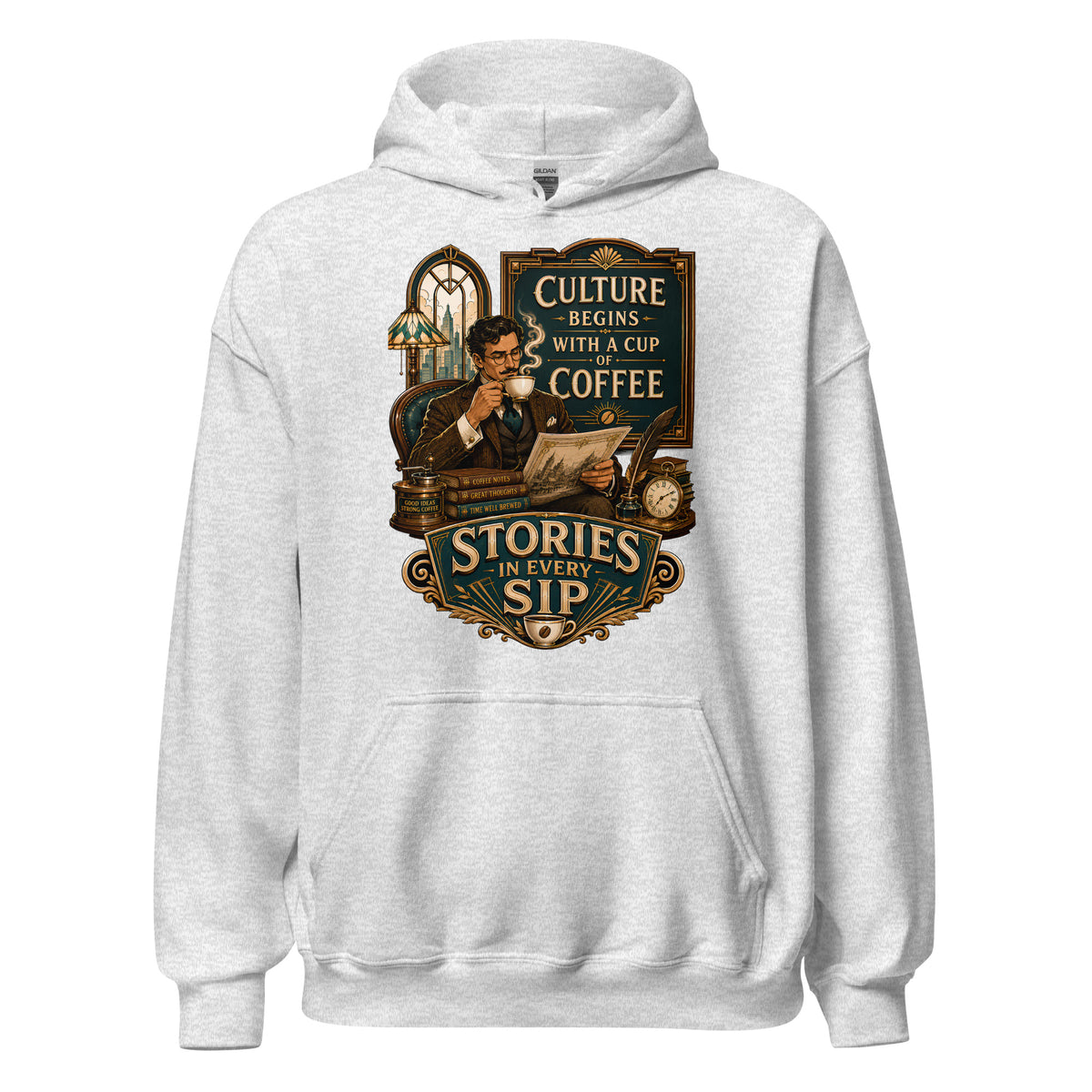 Coffee Lovers Unisex Hoodie Stories in Every Sip – Vintage Gentleman & Intellectual Coffee Graphic Pullover by printfluence.net