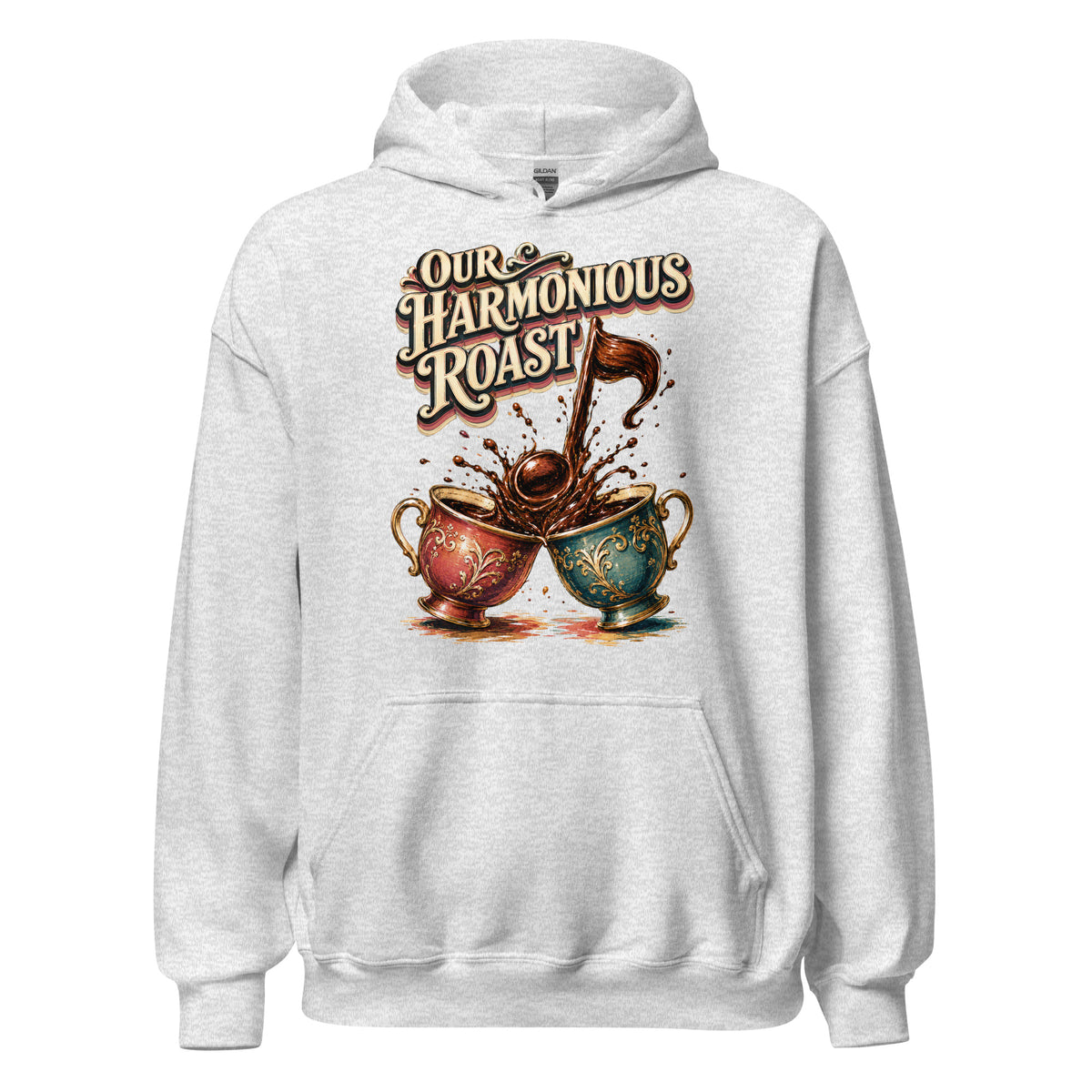 Coffee Lovers Unisex Hoodie Our Harmonious Roast – Musical Coffee Cups & Splatter Graphic Pullover by printfluence.net