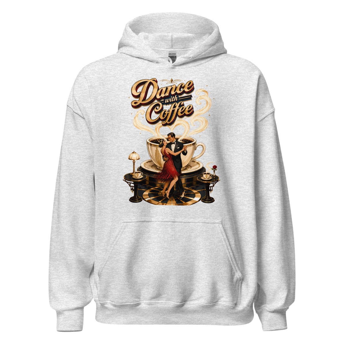 Coffee Lovers Unisex Hoodie Dance with Coffee – Art Deco Dancer & Giant Cup Graphic Pullover by printfluence.net