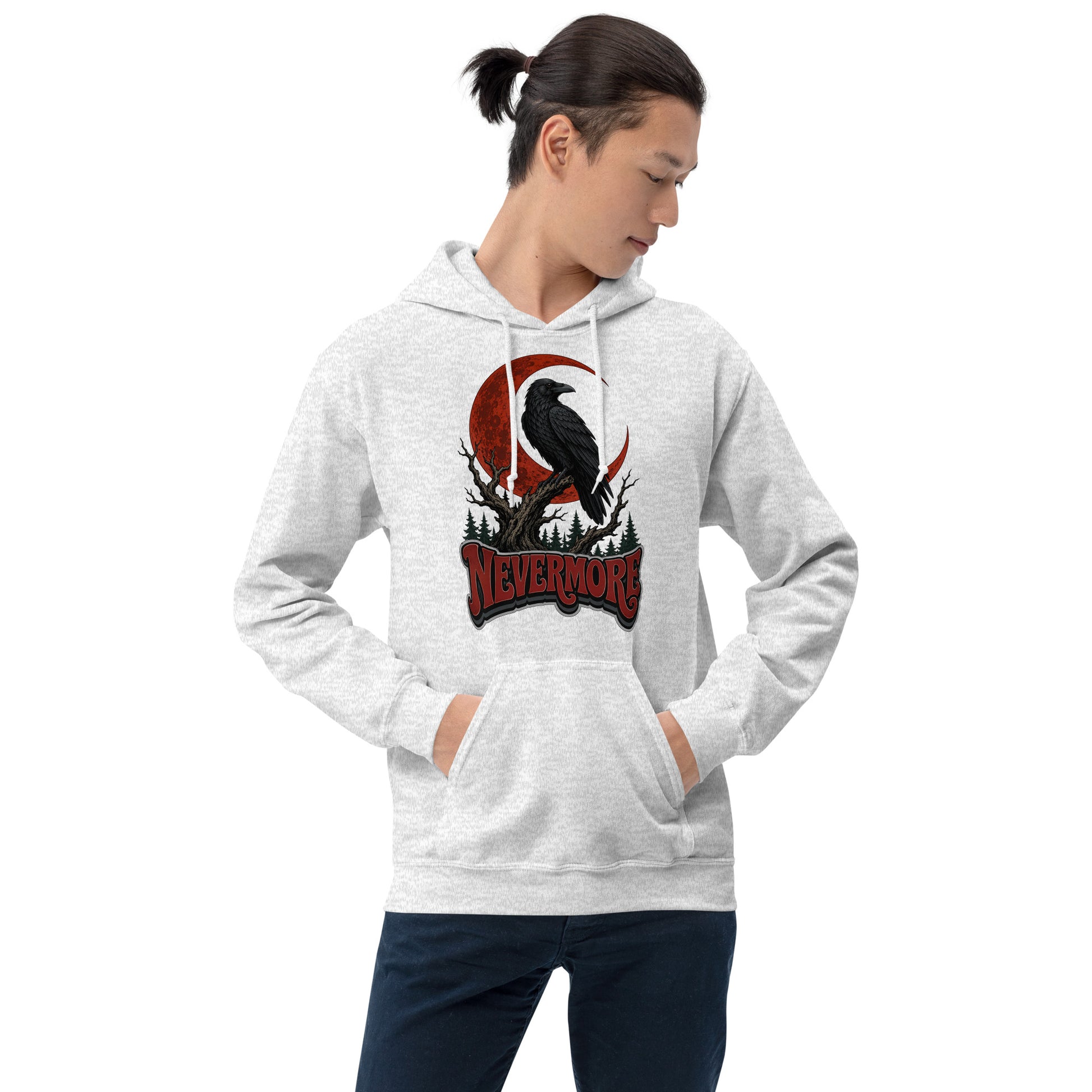 Horror & Mystery Lovers Unisex Heavy Blend Hoodie — "Nevermore" Blood Moon Raven and Dead Tree Design by printfluence.net