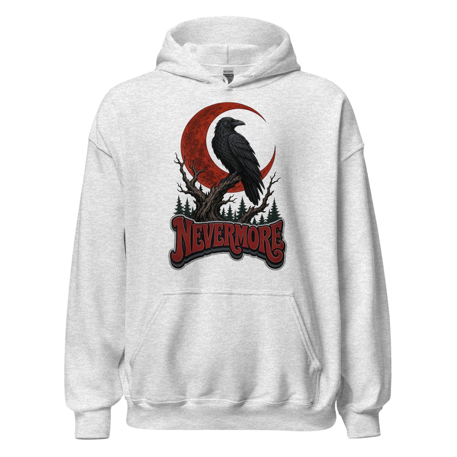 Horror & Mystery Lovers Unisex Heavy Blend Hoodie — "Nevermore" Blood Moon Raven and Dead Tree Design by printfluence.net