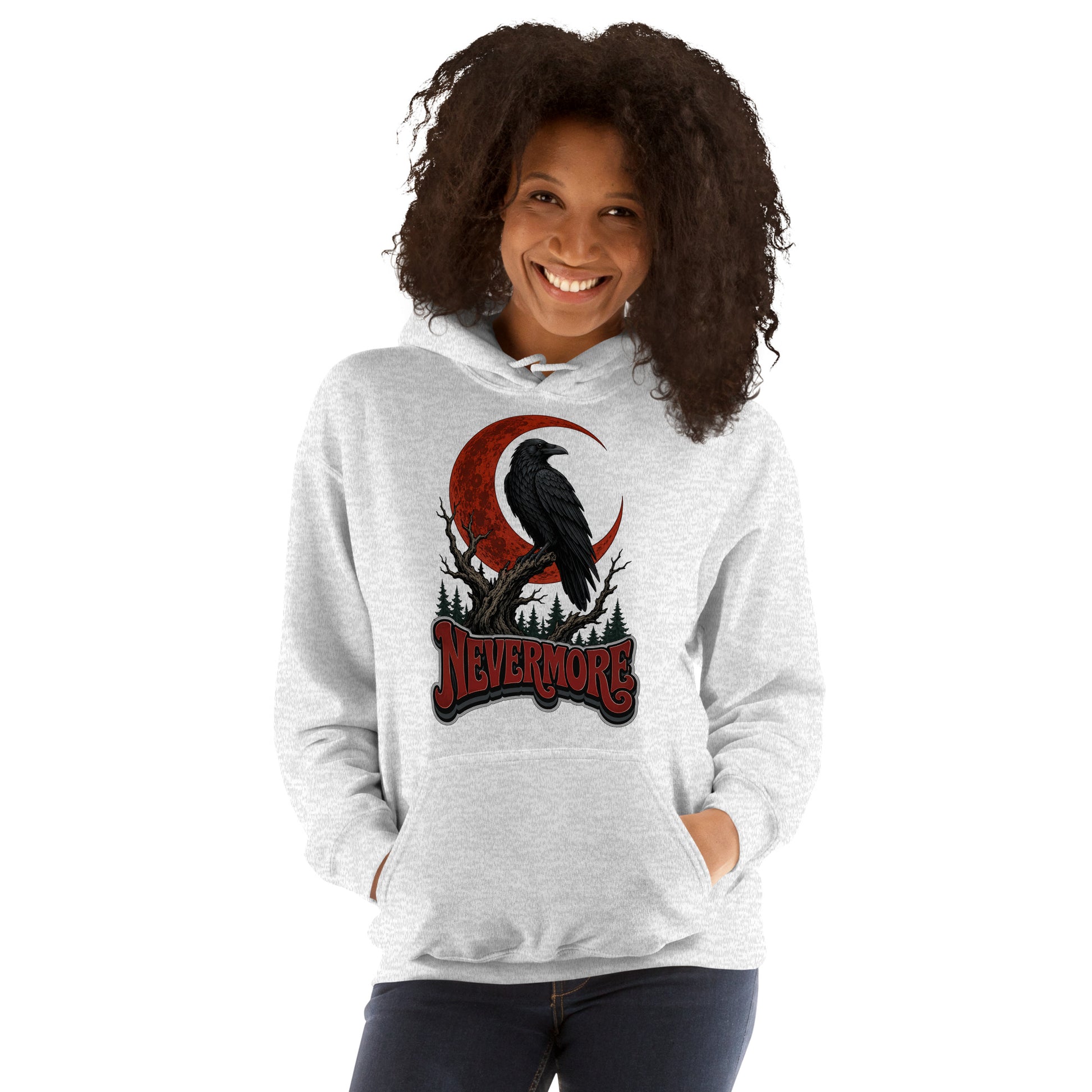 Horror & Mystery Lovers Unisex Heavy Blend Hoodie — "Nevermore" Blood Moon Raven and Dead Tree Design by printfluence.net