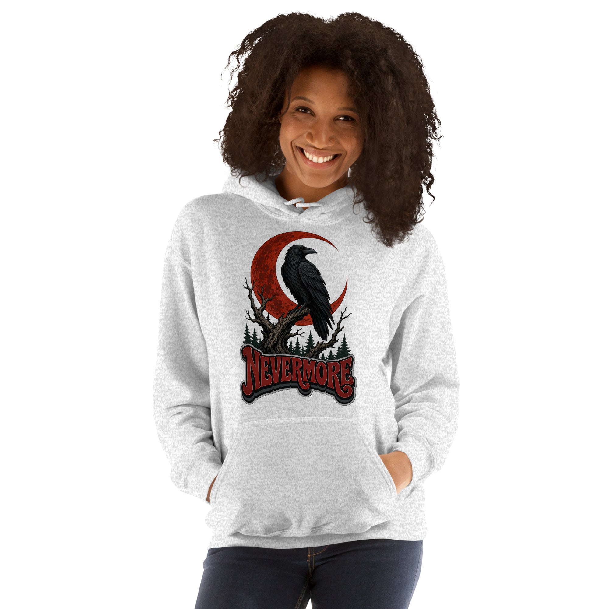 Horror & Mystery Lovers Unisex Heavy Blend Hoodie — "Nevermore" Blood Moon Raven and Dead Tree Design by printfluence.net