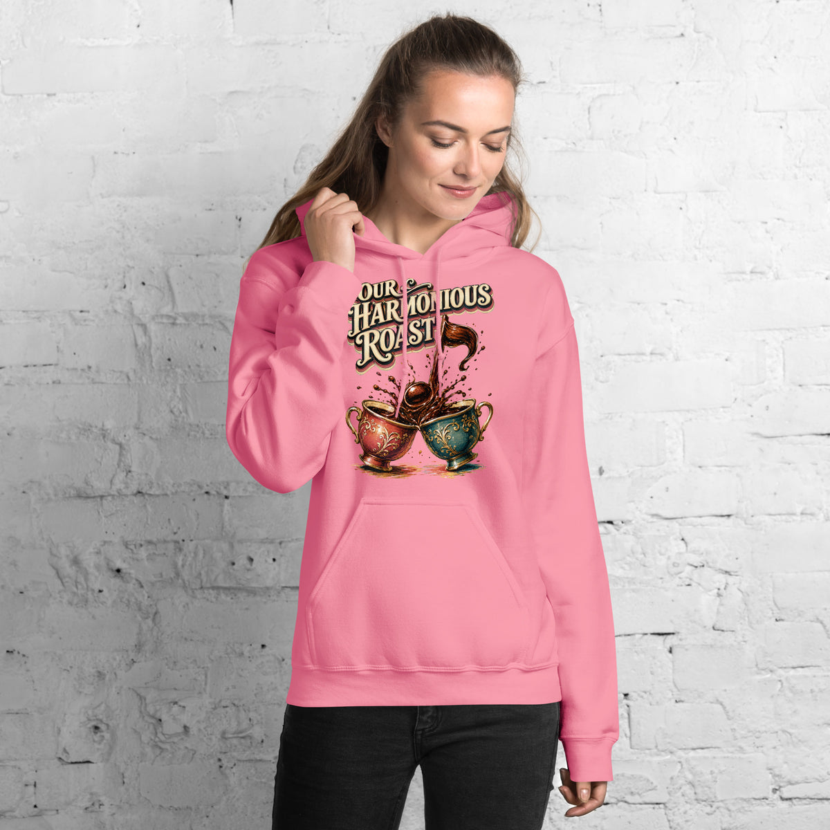 Coffee Lovers Unisex Hoodie Our Harmonious Roast – Musical Coffee Cups & Splatter Graphic Pullover by printfluence.net