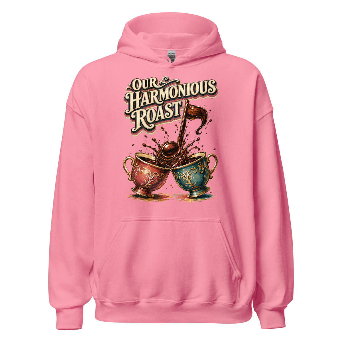 Coffee Lovers Unisex Hoodie Our Harmonious Roast – Musical Coffee Cups & Splatter Graphic Pullover by printfluence.net