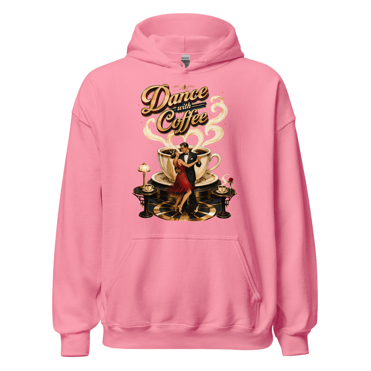 Coffee Lovers Unisex Hoodie Dance with Coffee – Art Deco Dancer & Giant Cup Graphic Pullover by printfluence.net
