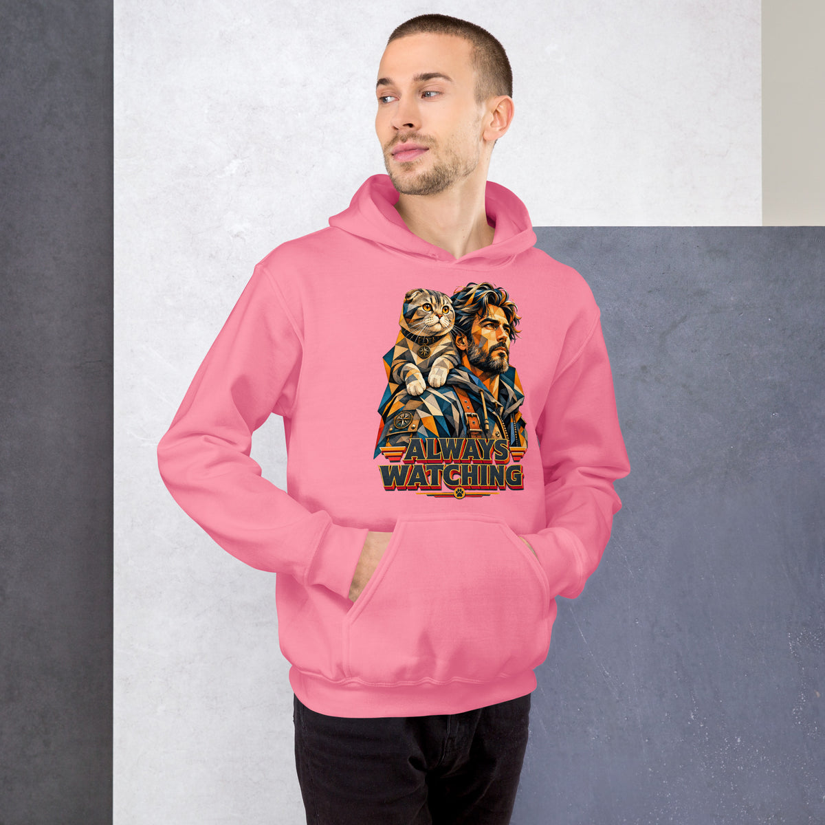 Cat Lovers Unisex Heavy Blend Hoodie – Scottish Fold "Always Watching" Geometric Cat Design by printfluence.net