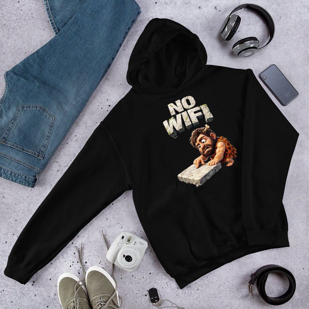 Unisex Hoodie - Prehistoric Struggle: "NO WIFI" Funny Caveman Unisex Hoodie 🦴📴 by printfluence.net