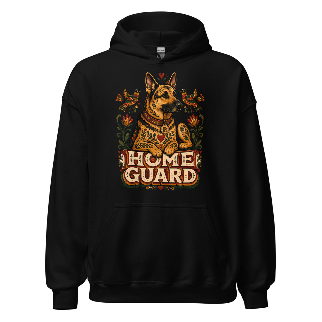 German Shepherd Lovers Unisex Heavy Blend Hoodie | Folk Art "Home Guard" Graphic Sweatshirt by printfluence.net