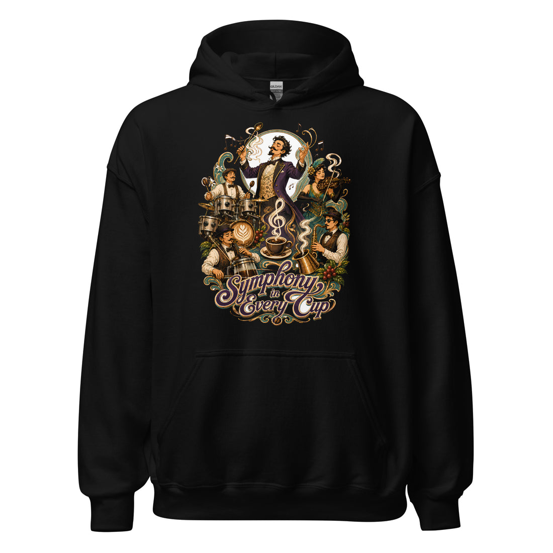 Coffee Lovers Unisex Hoodie Symphony in Every Cup – Musical & Orchestral Coffee Graphic Pullover by printfluence.net