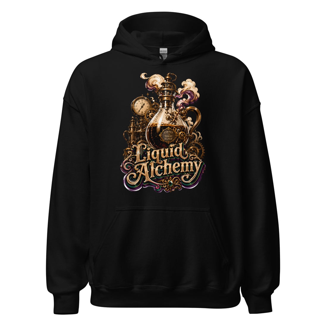 Coffee Lovers Unisex Hoodie Liquid Alchemy – Steampunk Coffee Magic Elixir Graphic Pullover by printfluence.net