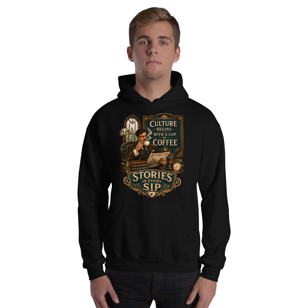 Coffee Lovers Unisex Hoodie Stories in Every Sip – Vintage Gentleman & Intellectual Coffee Graphic Pullover by printfluence.net