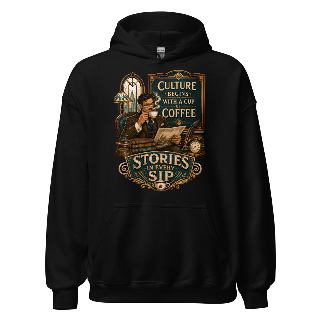 Coffee Lovers Unisex Hoodie Stories in Every Sip – Vintage Gentleman & Intellectual Coffee Graphic Pullover by printfluence.net