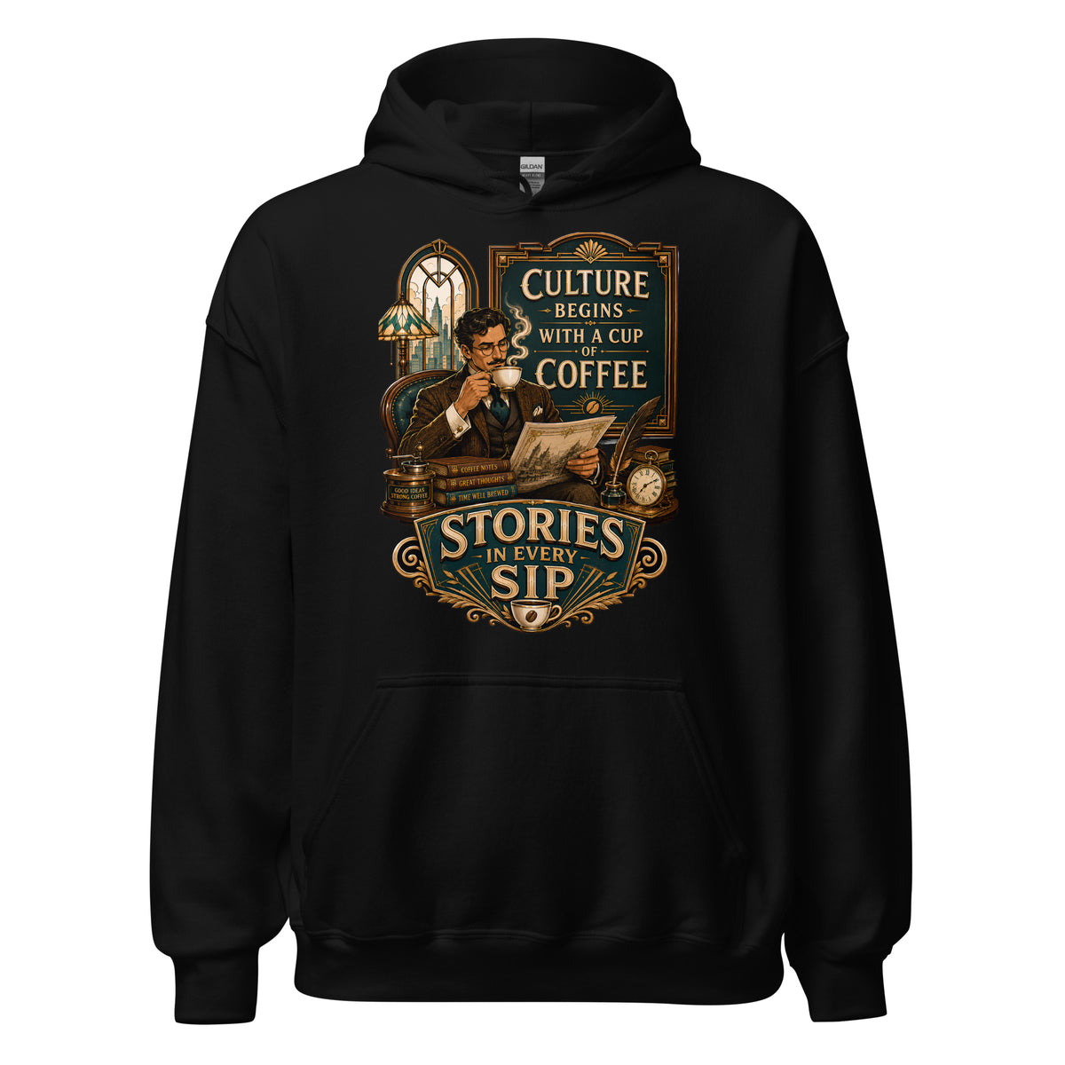 Coffee Lovers Unisex Hoodie Stories in Every Sip – Vintage Gentleman & Intellectual Coffee Graphic Pullover by printfluence.net