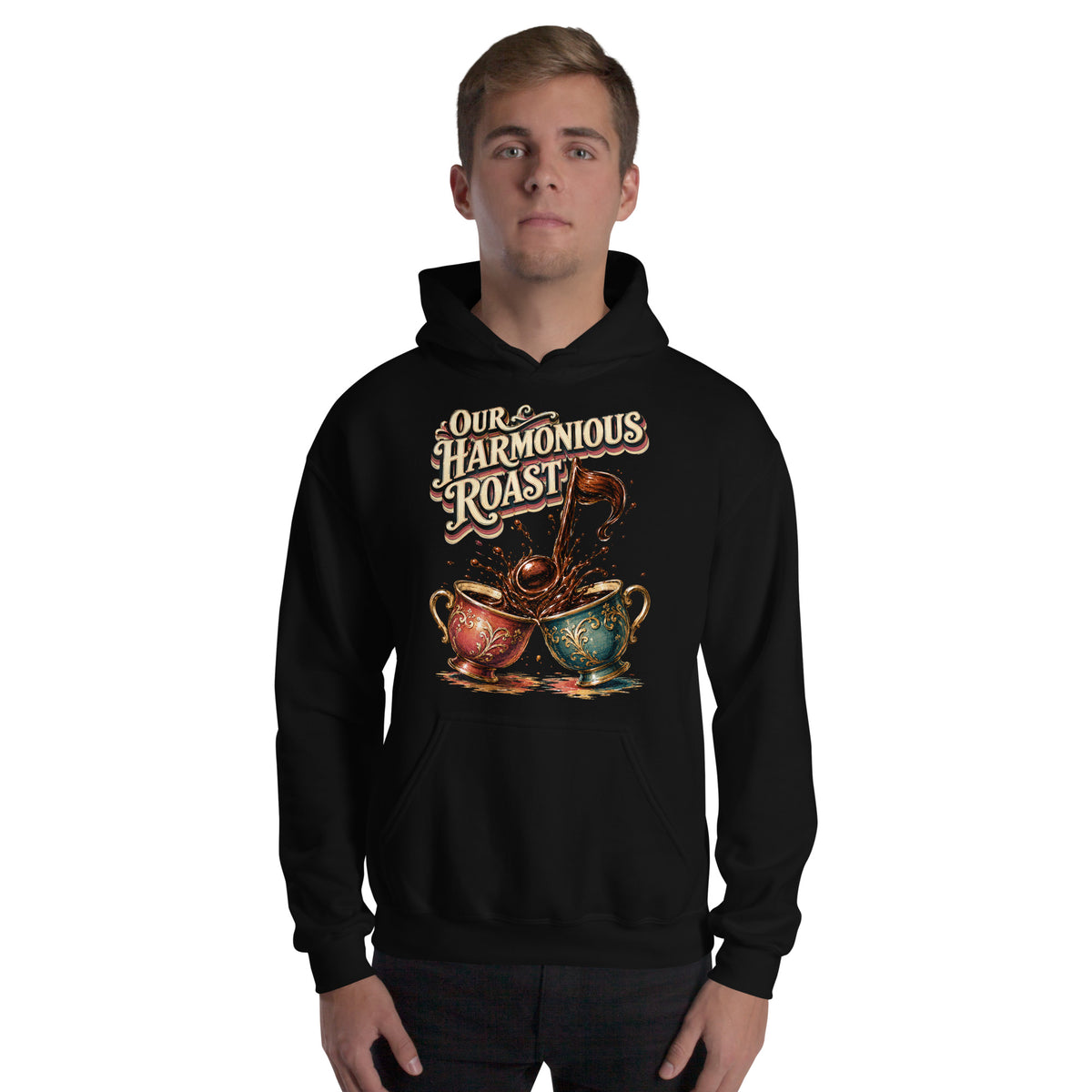 Coffee Lovers Unisex Hoodie Our Harmonious Roast – Musical Coffee Cups & Splatter Graphic Pullover by printfluence.net