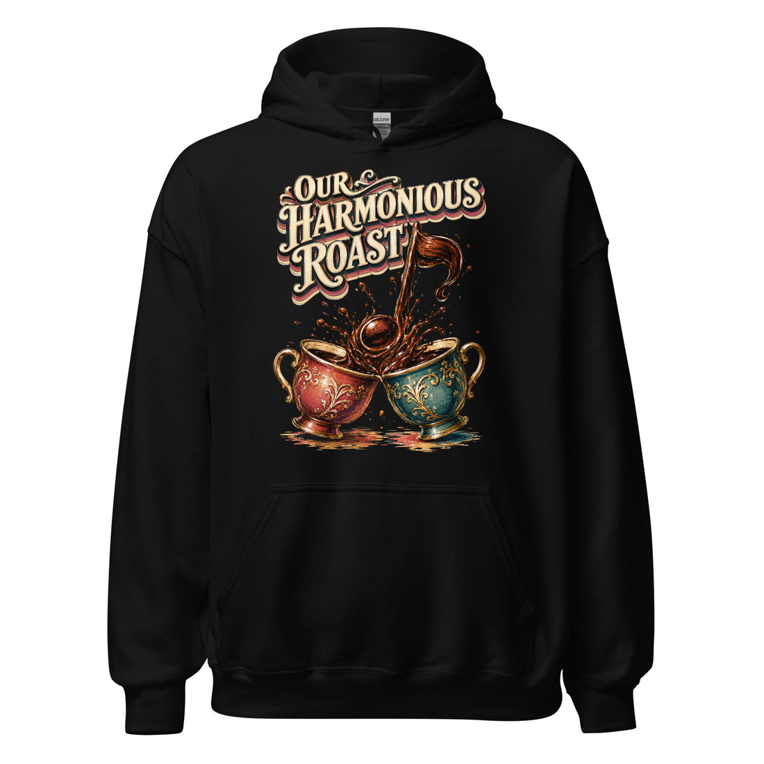 Coffee Lovers Unisex Hoodie Our Harmonious Roast – Musical Coffee Cups & Splatter Graphic Pullover by printfluence.net