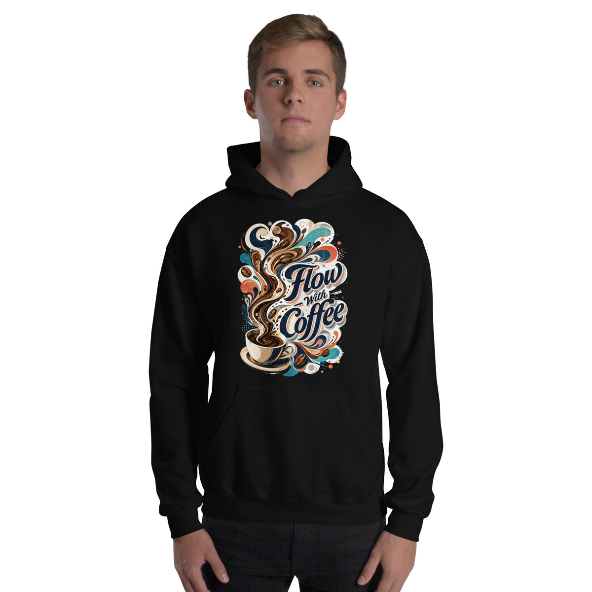 Coffee Lovers Unisex Hoodie Flow with Coffee – Abstract Swirl & Coffee Bean Graphic Pullover by printfluence.net