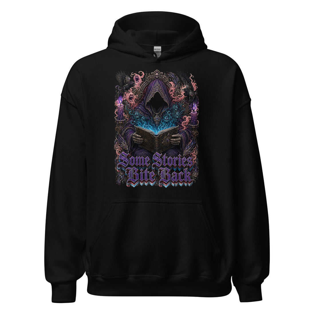 Horror & Mystery Lovers Unisex Heavy Blend Hoodie with "Some Stories Bite Back" Design by printfluence.net