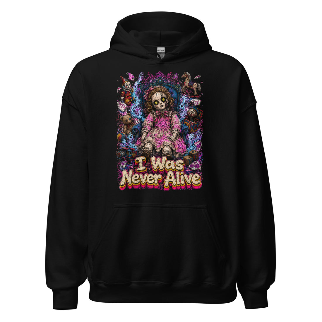 Horror & Mystery Lovers Unisex Heavy Blend Hoodie with Creepy Porcelain Doll and "I Was Never Alive" Design by printfluence.net