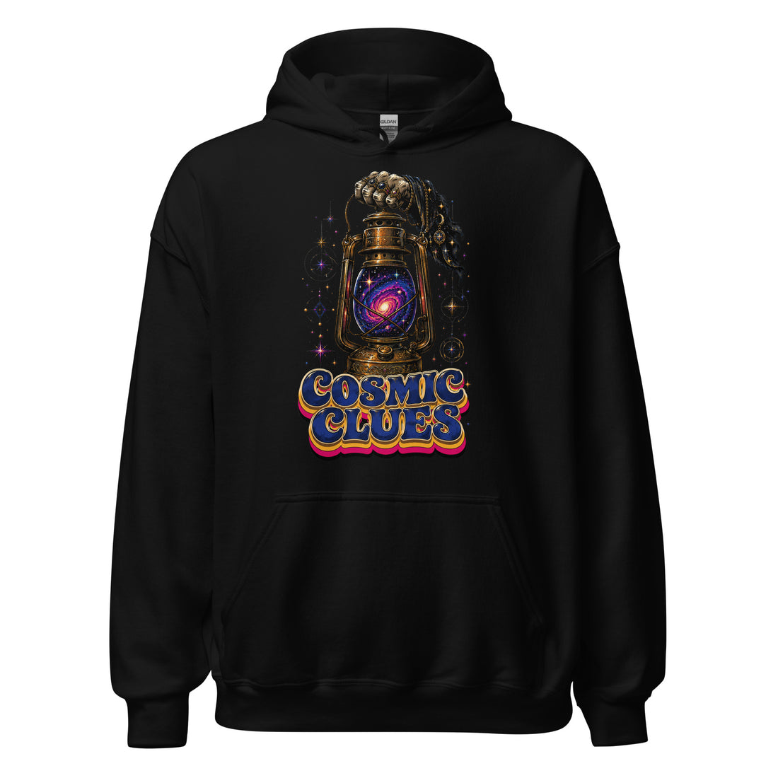 Cosmic & Esoteric Mystery Lovers Unisex Heavy Blend Hoodie with Galaxy Lantern and "Cosmic Clues" Design by printfluence.net