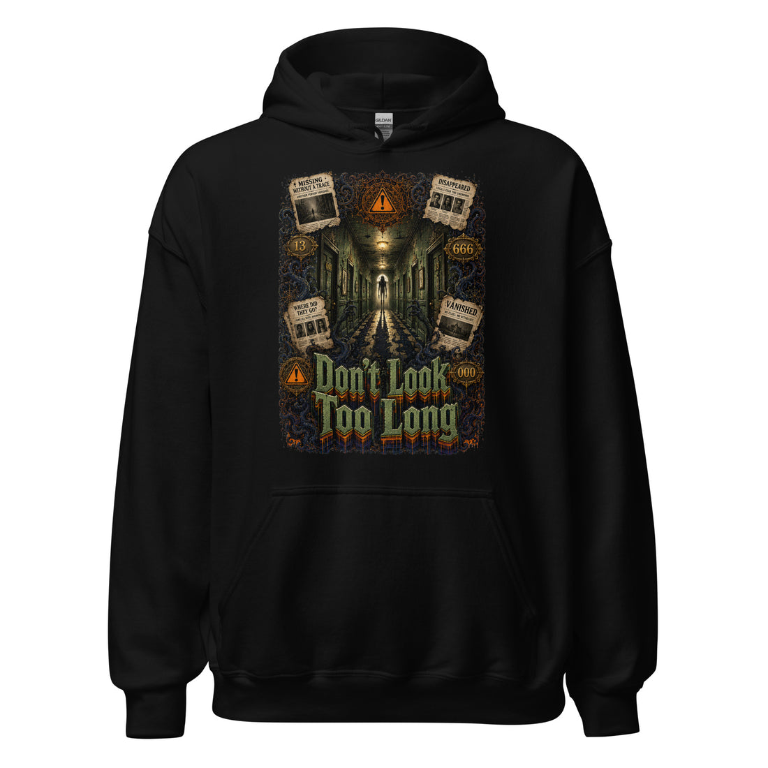 Horror and Mystery Lovers Unisex Heavy Blend Hoodie — "Don't Look Too Long" Creepy Hallway and Missing Persons Design by printfluence.net