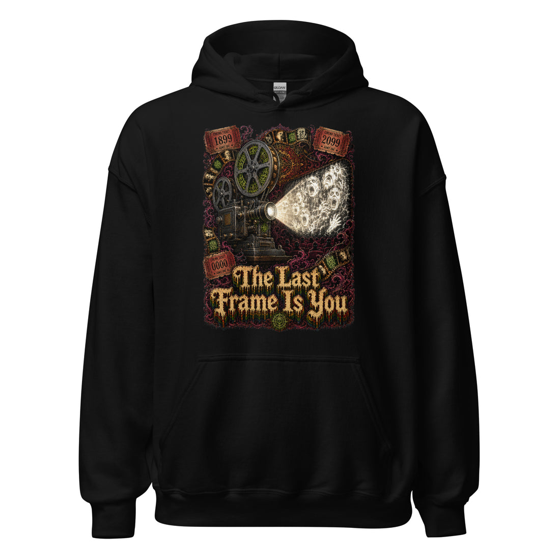 Horror and Mystery Lovers Unisex Heavy Blend Hoodie — "The Last Frame Is You" Haunted Vintage Projector and Cinema Horror Design by printfluence.net