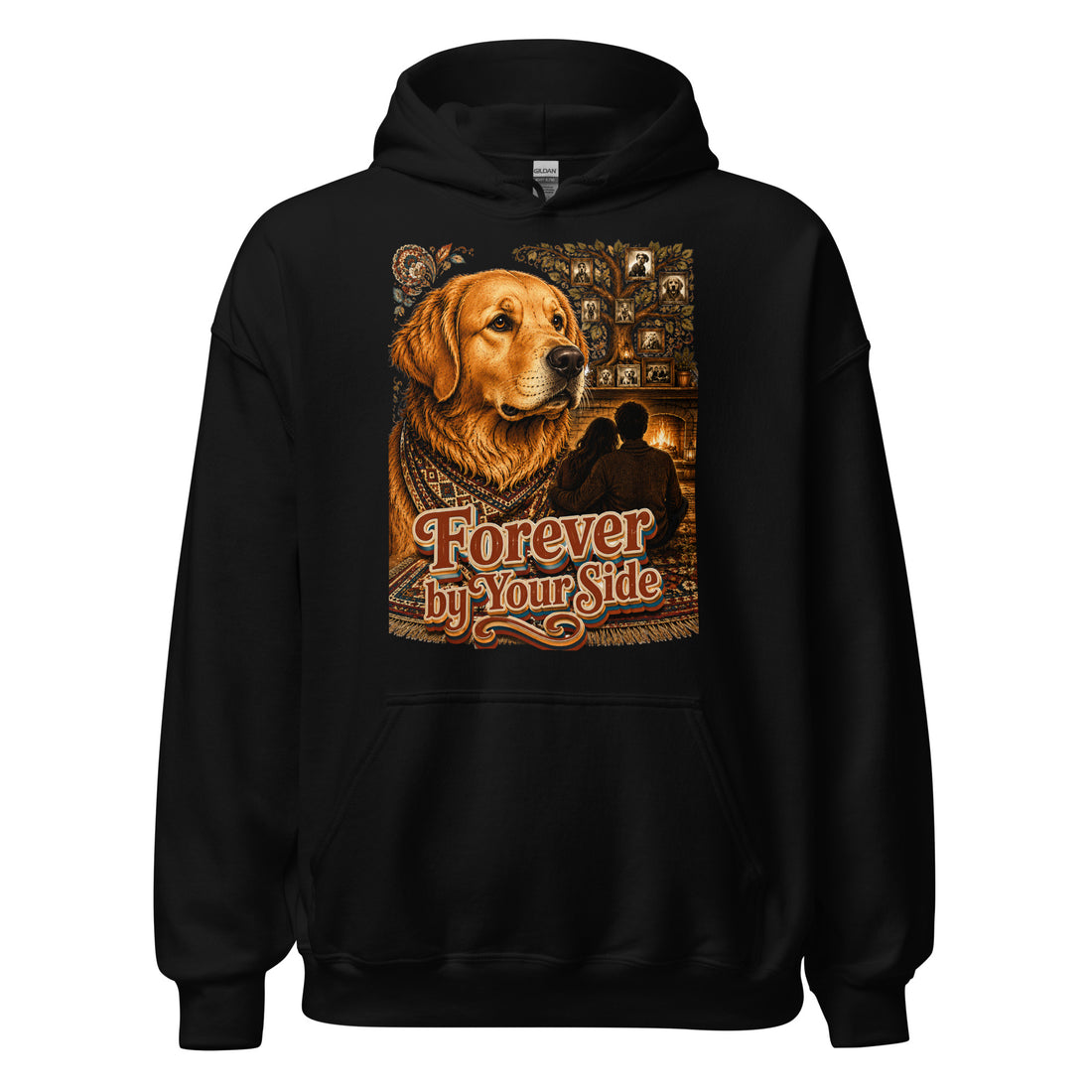 Golden Retriever Lovers Unisex Heavy Blend Hoodie — "Forever by Your Side" Family Tree and Fireside Dog Design by printfluence.net