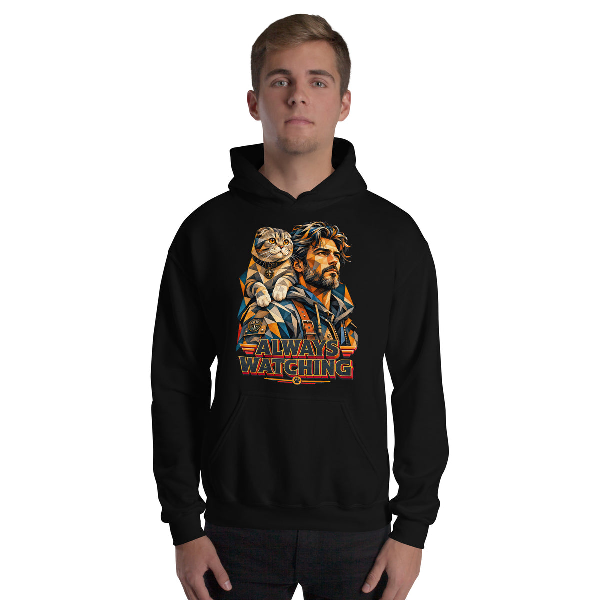Cat Lovers Unisex Heavy Blend Hoodie – Scottish Fold "Always Watching" Geometric Cat Design by printfluence.net