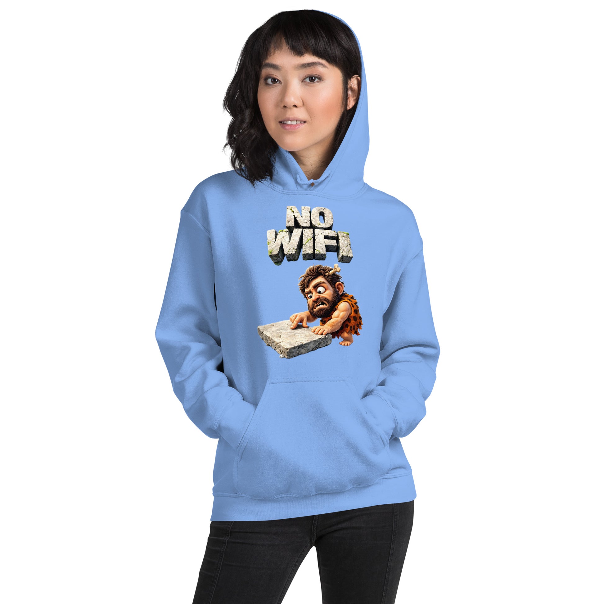 Unisex Hoodie - Prehistoric Struggle: "NO WIFI" Funny Caveman Unisex Hoodie 🦴📴 by printfluence.net