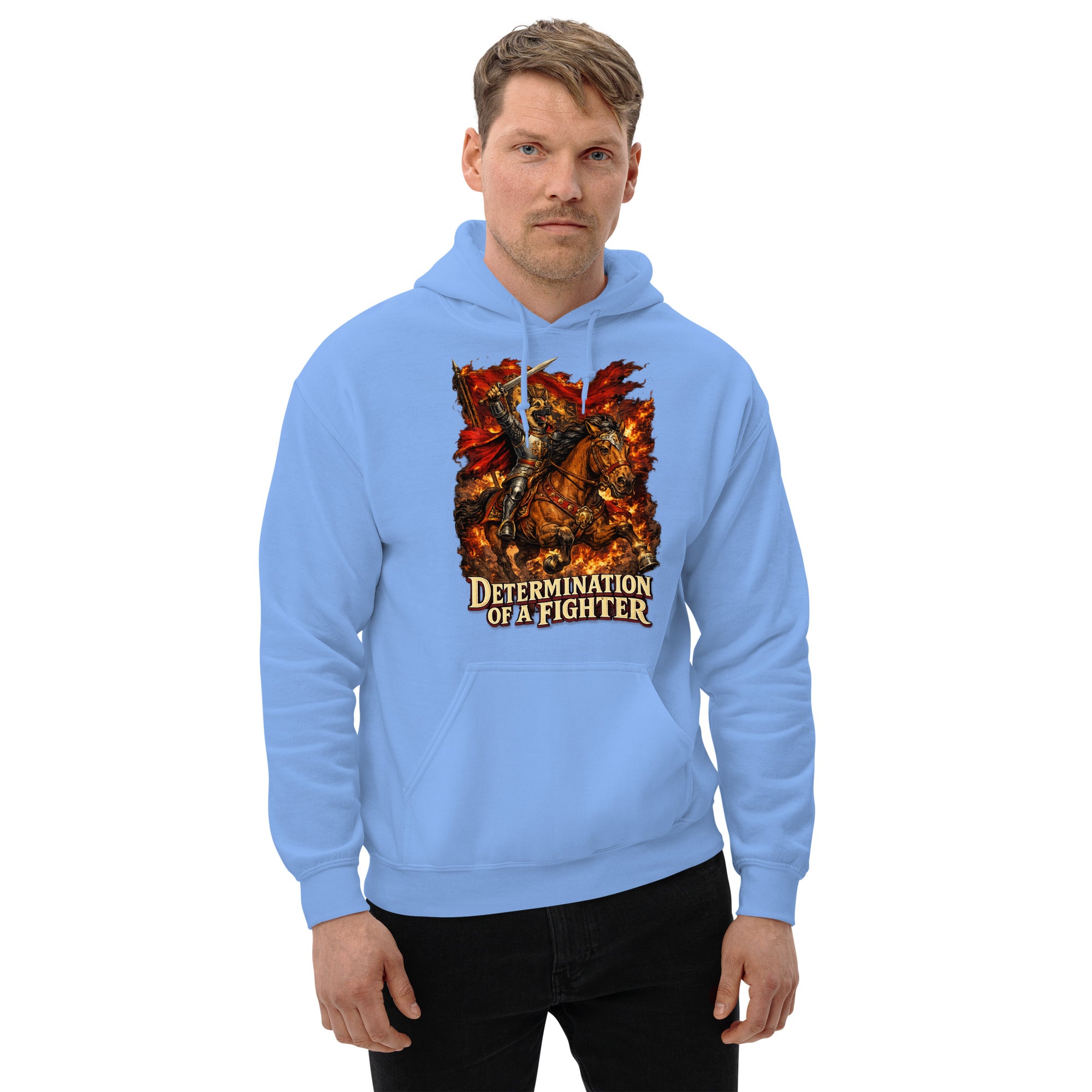 German Shepherd Lovers Unisex Hoodie | "Determination of a Fighter" Medieval Knight Graphic Sweatshirt by printfluence.net