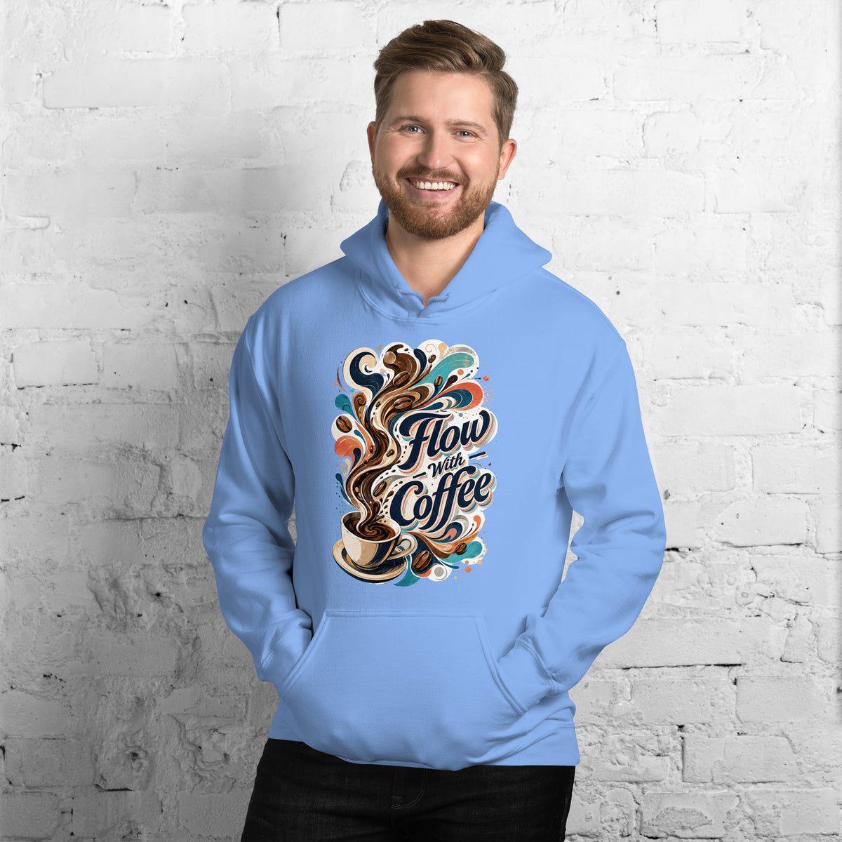 Coffee Lovers Unisex Hoodie Flow with Coffee – Abstract Swirl & Coffee Bean Graphic Pullover by printfluence.net