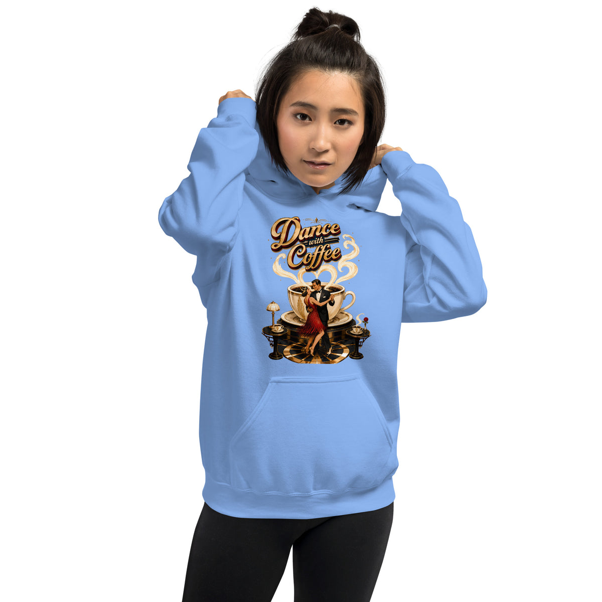 Coffee Lovers Unisex Hoodie Dance with Coffee – Art Deco Dancer & Giant Cup Graphic Pullover by printfluence.net